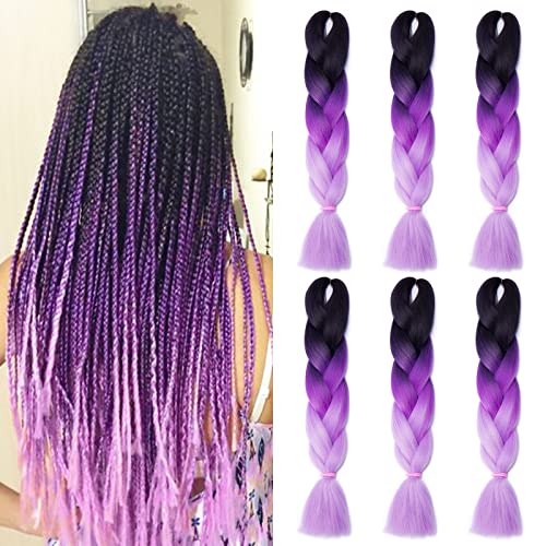 Ombre 24 inch Jumbo Braid Hair Extensions Long for Kids DIY High Temperature Synthetic Fiber 3 Tones Black+ Dark Purple+ Light Purple 6 Bundles - 24 Inch (pack of 6) - black dark purple light purple
