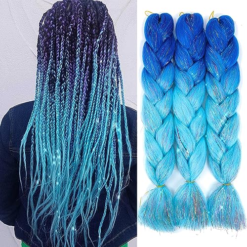 Jumbo Glitter Braiding Hair Fiber Silky Colorful Twist Braiding Hair 3pcs Highlights Glitter Tinsel Hair Extensions Kanekalon Synthetic Hair Sparkling Shiny Soft Healthy Fairy Hair(24INCH BLUE) - Sparkling-Blue