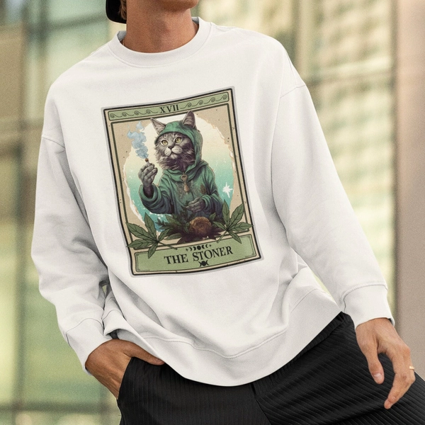 Stoner Cat Sweatshirt, The Stoner Tarot Card Sweatshirt Cat Stoner Gifts Cannabis weed Cat Lovers