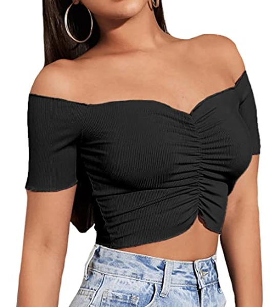 LYANER Women's Off Shoulder Ruched Short Sleeve Rib Knit Sexy Crop Top Blouse