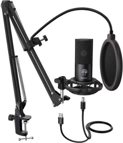 FIFINE Studio Condenser USB Microphone Computer PC Microphone Kit with Adjustable Scissor Arm Stand Shock Mount for Instruments Voice Overs Recording Podcasting YouTube Karaoke Gaming Streaming-T669 - Black