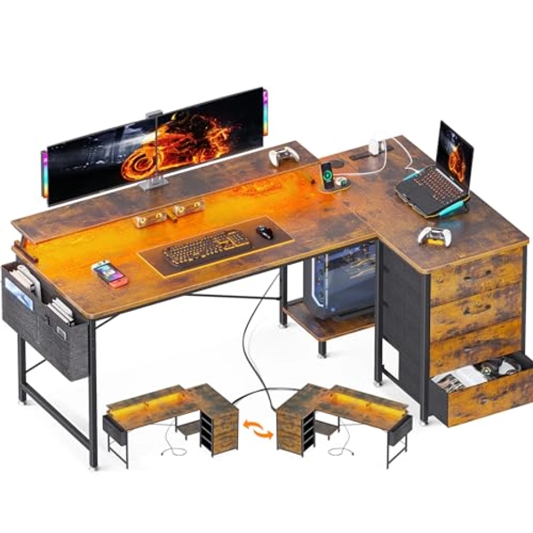 ODK 63" Reversible L Shaped Computer Desk with 4-Tier Fabric Drawers, Gaming Desk with LED Lights & USB Power Outlets & Charging Port & CPU Stand & Monitor Stand for Home Office Workstation, Vintage