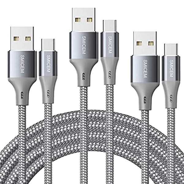 USB Type C Cable 3A Fast Charging (10 feet 3 Pack) USB A to USB C Cable Braided Cable USB C Charger Cable, Compatible with Galaxy S8 S9 S10 LG G6 G7 V20 V30 V40 Note 8 9 10 and More (Gray)
