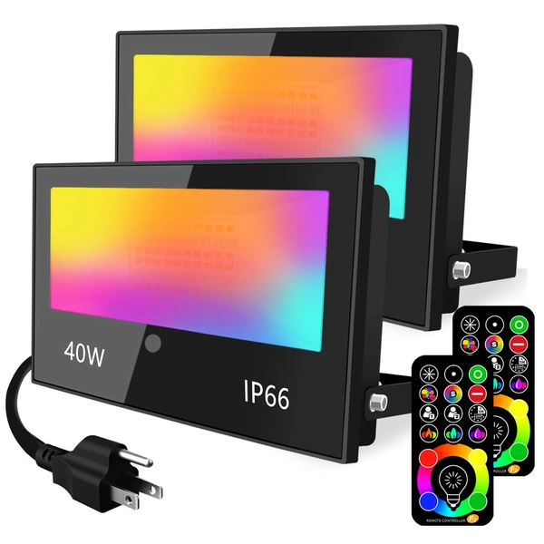 LED Flood Light Outdoor 400W Equivalent 4000LM, RGB Color Changing Floodlight with Timing Remote, 120 Colors and Warm White, IP66 Waterproof, US Plug, Yangcsl (Pack of 2)