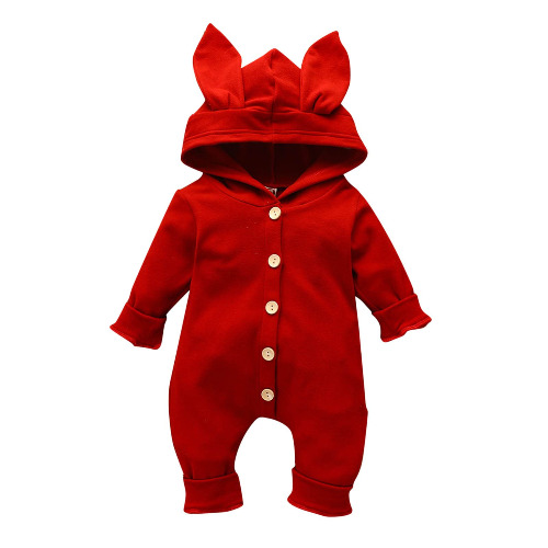 Winter Newborn Baby Boy Girl Solid One-Piece Romper Unisex Infants Hooded Outfit Clothes Cotton Button Jumpsuits