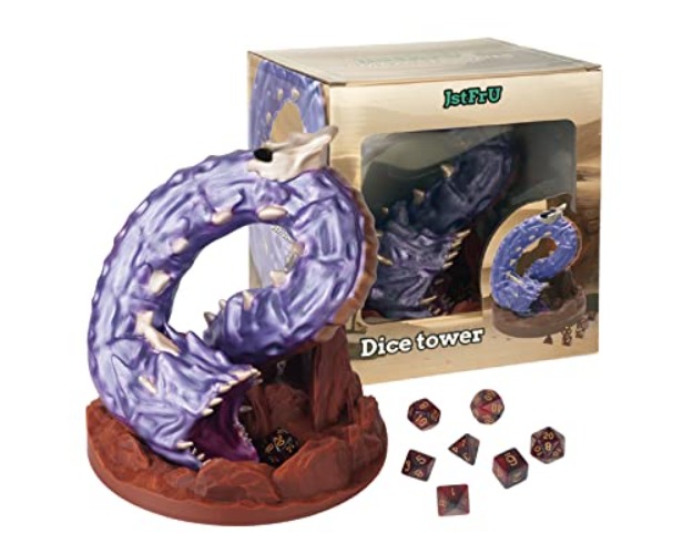 JstFrU Purple Worm Dice Tower (with 7pcs Dice) for TRPG -DND COC D&D -Dungeons and Dragons Hand Painted Color Tabletop Role Playing Game Rolling Tower with Tray