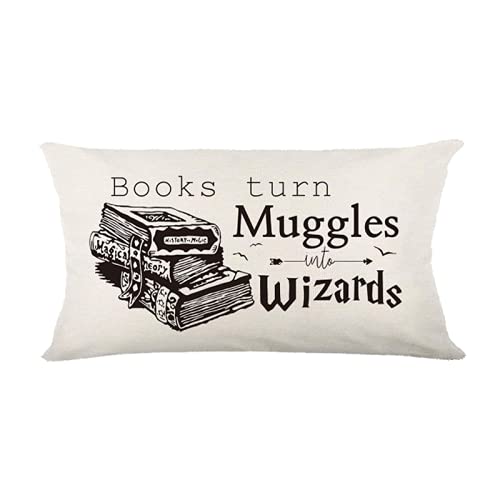 HYZUIMEI Funny Quotes Books Turn Muggles Into Wizards Throw Pillow Case，12x20 Inch College Dormitory Decor Linen Cushion Cover，Gift for classmate Book Lover, Book Club Gift for Sofa Car Bedroom - 12" x 20"