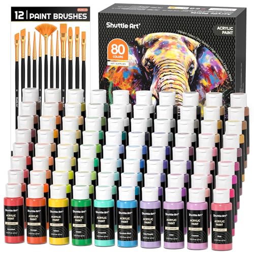 80 Colors Acrylic Paint, Shuttle Art Acrylic Paint set with 12 Paint Brushes, 2oz/60ml Bottles, Rich Pigmented, Water Proof, Premium Paints for Artists, Beginners and Kids on Canvas Rocks Wood Ceramic - 80 Colors