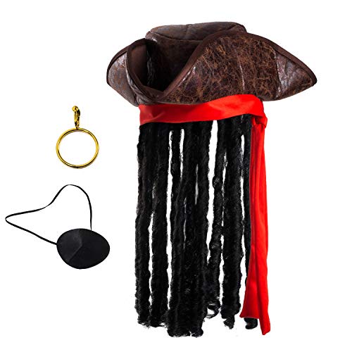 Tigerdoe Pirate Hat with Dreadlocks - Tricorn Pirate Hat - Caribbean Pirate Hat - Pirate Costume Accessories (3 Pc Set), Brown