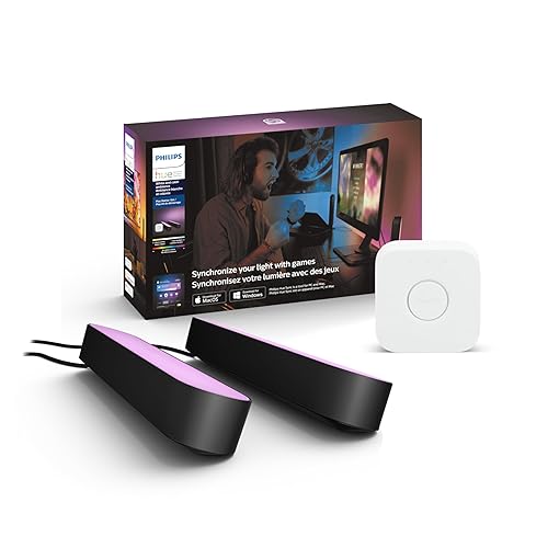 Philips Hue Play Starter Kit Two Black Hue Play Light Bars, Hue Hub, and Power Supply, Compatible with Alexa - 2-Pack with Plug + Hub - Black