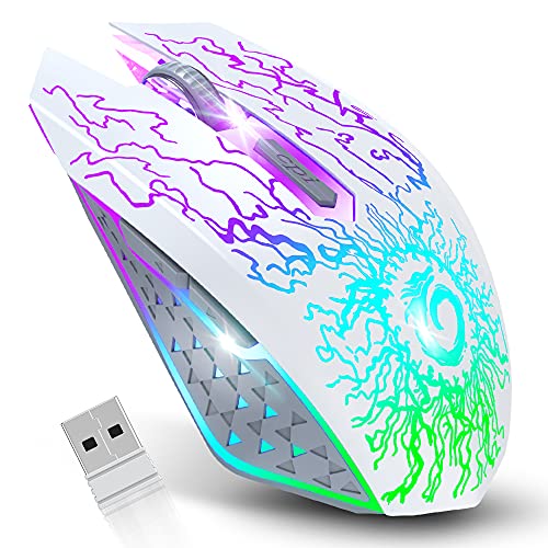 VersionTECH. Wireless Gaming Mouse, Rechargeable Computer Mouse Mice with Colorful LED Lights, Silent Click, 2.4G USB Nano Receiver, 3 Level DPI for PC Gamer Laptop Desktop Chromebook Mac-White - White