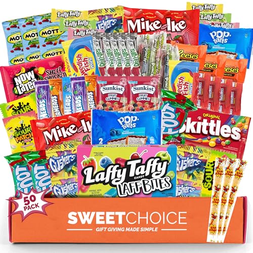 Bite Sized Candy Care Package - (50 count) Valentines Day 2024 A Sampler of Skittles, Sour Patch Kids, Starburst, Twizzlers, Airheads, and More! Great for Movie Night Sleepovers and Goodie Bags!