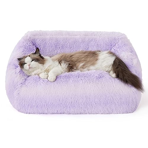 Lesure Cute Cat Bed Indoor - Furry Cat Bed Large, Washable Calming Small Dog Beds for Puppy with Fashion Design, 26x21x9inches, Purple Stripe - Medium - Purple Stripe