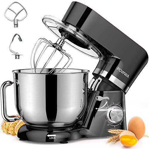 Stand Mixer, POWWA 6.5 Quart Electric Mixer, 6+1 Speed 660W Tilt-Head Kitchen Food Mixers with Whisk, Dough Hook, Mixing Beater & Splash Guard for Baking, Cake, Cookie, Kneading, ETL Certified (Black-with Handle) - Black-with Handle