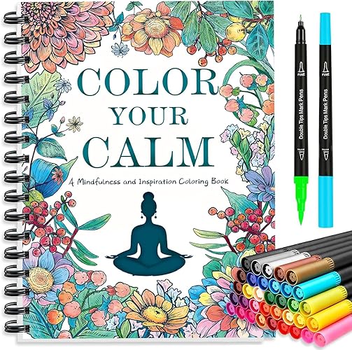 Adult Coloring Book for Women with 36 Dual-Tip Markers, 30 Patterns Spiral Bound Coloring Books for Adults Relaxation, Anxiety Relief Mindfulness Relaxation Gifts for Women