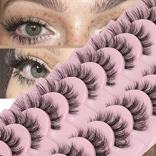 FANXITON Mink Lashes with Clear Band Fluffy 15MM 10 Pairs Cat-Eye Lashes Natural Look False Eyelashes Pack Wispy Eyelashes Curly 3D Faux Mink Eyelashes - 5D Fluffy Natural 15mm