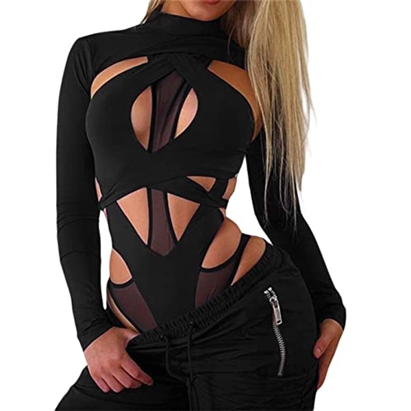 Women Slim One Piece Jumpsuit Long Sleeve Mock Neck Sheer Mesh Leotard Top Cut Out Bodysuit for Rave Party Club