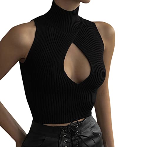 Women's Sleelveless Cutout Tank Top Ribbed Knit Y2k Crop Tops Crewneck Slim Camis Shirts - Small - D Black