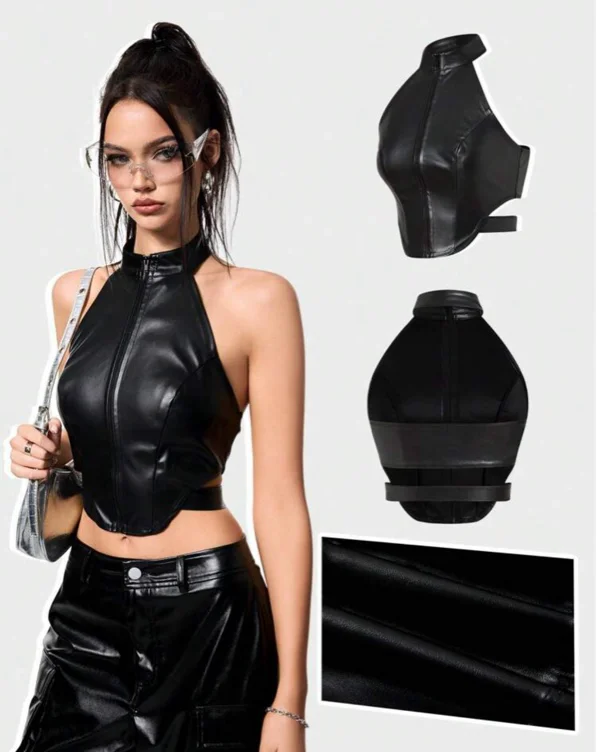 Coolane Women's Date Night Streetwear Casual Leather Zip Up Dos Nu Black Tank Tops