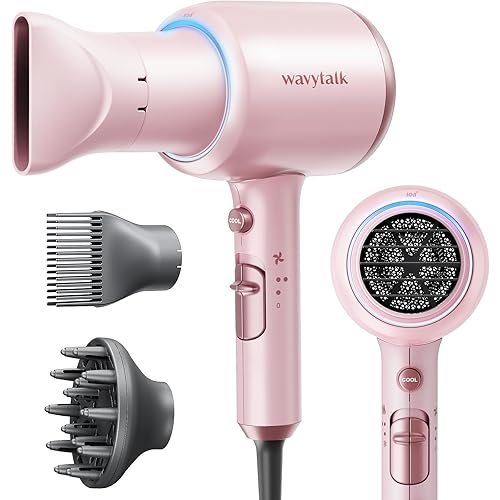 Wavytalk Professional Hair Dryer with Diffuser 1875W Power Dryer, Blow Dryer Ionic Hair Dryer for Women with Constant Temperature, Fast Drying &Low Noise, Millennial Pink - Millennial Pink (Comb+diffuser+nozzle)