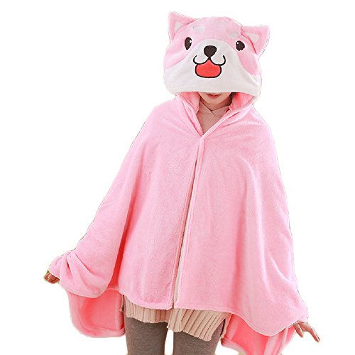 CORIRESHA Cute Coral Velvet Long Sleeve Shiba Inu Dog Embroidery Home Wear Hoodie for Women - One Size - Pink