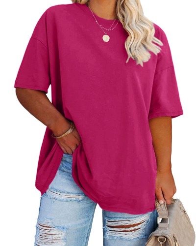Fisoew Women's Plus Size T Shirts Oversized Tees Summer Half Sleeve Crew Neck Tunic Tops - Rose Red XX-Large Plus