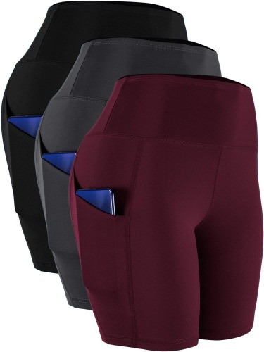 CADMUS Women's High Waist Spandex Yoga Shorts for Bike Running Two Side Pockets - XX-Large 10# Black,grey,wine Red,3 Pack