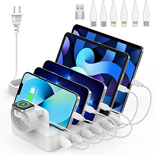 CREATIVE DESIGN Charging Station for Multiple Devices, 50W 6 Ports Charging Dock with 6 Cables Compatible with Cellphone,Tablet, Kindle, Apple Watch and Other Electronic - White