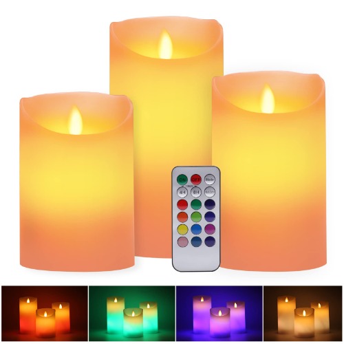 Flameless LED Candles, ALED LIGHT Pack of 3 Warm White Plus Multicolored Real Wax Electric Candles with Remote Control and Timer Decorative Candles for Decoration Batteries, Weddings