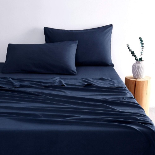 Wake In Cloud - Navy Blue Sheet Set, 1000TC Ultra Soft Microfiber, Fitted Sheet & Flat Sheet & 2 Pillowcases (4 pcs, Queen Size)