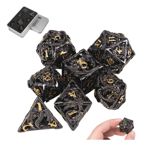 DND Dice,Hollow D&D Metal Dice,Dungeons and Dragons Dice Set with Gift Box,7 PCs Steampunk Polyhedral Dice Games Set for RPG,MTG,Pathfinder,Black Golden D and D Dice Set D20 D12 D10 D8 D6 D4 D% - Dragon Black Golden