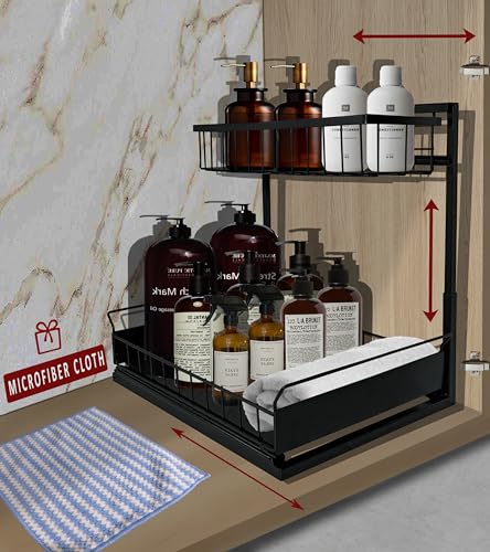 FEROZA Under Sink Organizers and Storage carbon steel 2-Tier Slide Out Sliding Shelf, L-shape Under Cabinet Storage Multi-Functional under the sink organizer kitchen and bathroom, Black - Black