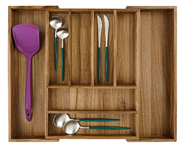 Utoplike Acacia Silverware Drawer Organizer for Cutlery, Adjustable Kitchen Utensil Drawers Organizers, Expandable Wooden Flatware Caddy, Dividers for Knives, Forks, Spoons, 6-8 Slots - 6-8 Slot