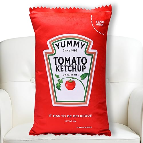 Yummylicious Valentines Day Gifts Ketchup Pillow Plush - Adorables Food Plushies 20"x12" Aesthetic Decorative Funny Pillow for Geeky Room Decor Shaped Like The Real Ketchup Packet Cool stuffies