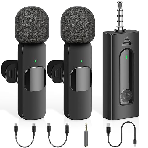 4 in 1 Professional Wireless Lavalier Microphone - 2 Pack Mini Microphone for iPhone Android Camera, Noise Reduction Lapel Mic Ultra Low Delay for Video Recording, YouTube, Interview, Tiktok and Vlog