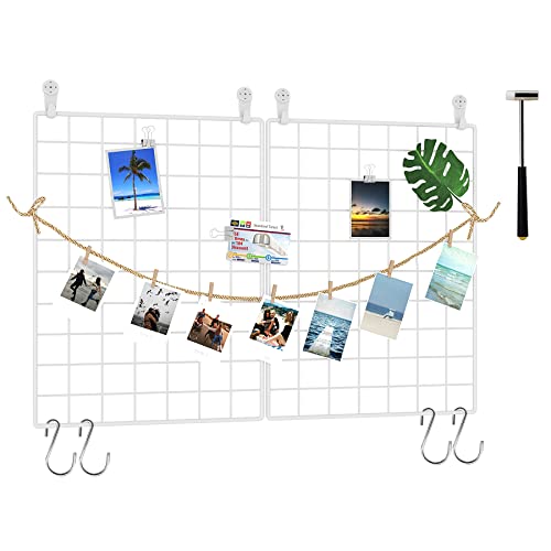 C&AHOME Photo Wall Panel, Wire Wall Grid, Wall Grid Panel, Grids Panel Set of 2, Decor Grid Panel, Photo Display Shelves, Hooks, Clips, Hemp Cord, Hammer, 15.7" × 11.8", White UWWGM3402W - White
