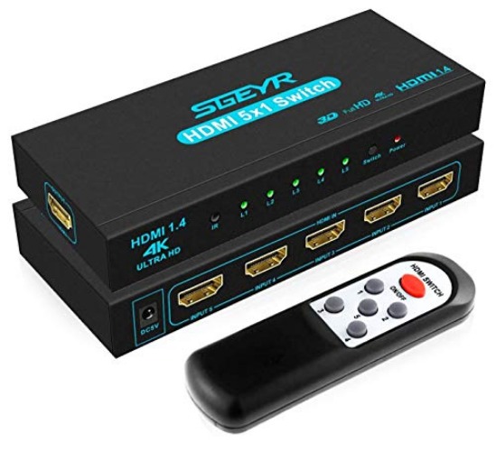 HDMI Switch SGEYR 5x1 HDMI Switcher 5 in 1 Out HDMI Switch Selector 5 Port Box with IR Remote Control HDMI 1.4 HDCP 1.4 Support 4K@30Hz Ultra HD 3D 2160P 1080P - Blue