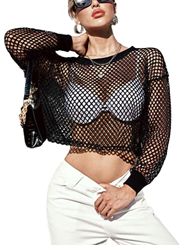 Avidlove Women's Sheer Fishnet Top Sexy Short Sleeves Net T Shirts Crop Top - White Medium
