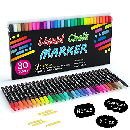 Shuttle Art Chalk Markers, 30 Vibrant Colors Liquid Chalk Markers Pens for Chalkboards, Windows, Glass, Cars, Water-based, Erasable, Reversible 3mm Fine Tip for Office Home Supplies - 30 Colors