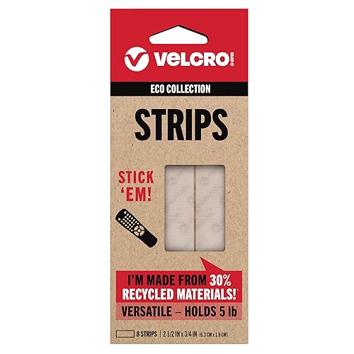 VELCRO Brand ECO Collection Tapes, Stick On Adhesive Strips 2 1/2in x 3/4in, Sustainable 30% Recycled Material, 8ct White - STICK 'EM - White - 2 1/2in x 3/4in