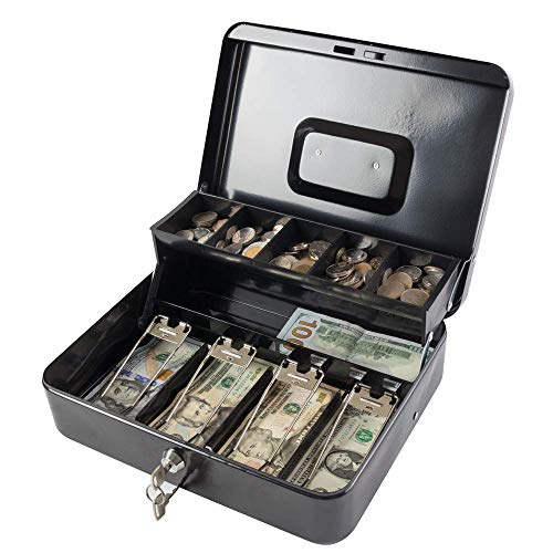 KYODOLED Locking Cash Box with Lock,Money Box with Cash Tray,Lock Safe Box with Key,Money Saving Organizer,11.81Lx 9.45Wx 3.54H Inches,Black XL Large - Black Key Lock