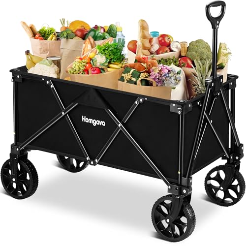 Homgava Collapsible Folding Wagon Cart, Portable Large Capacity Camping Wagon, All Terrain Foldable Wagon, Heavy Duty Utility Wagon Cart for Grocery Outdoor Beach Gardening Shopping Fishing Black - Black