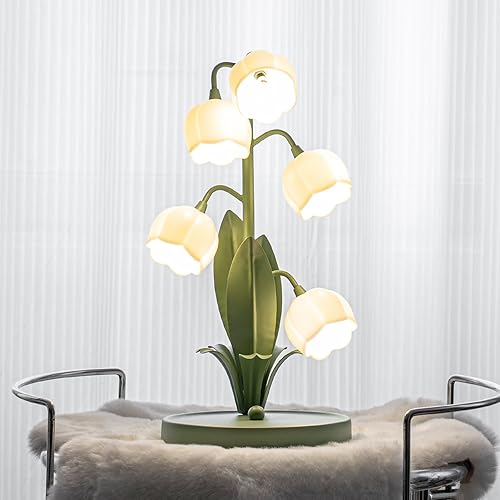 WERFOP Vintage Flower Table Lamp for Home, 5 Lily of The Valley Desk Lamps 3 Color Modes Reading Lamp with G4 Led Bulbs for Bedroom, Living Room, Office - Medium