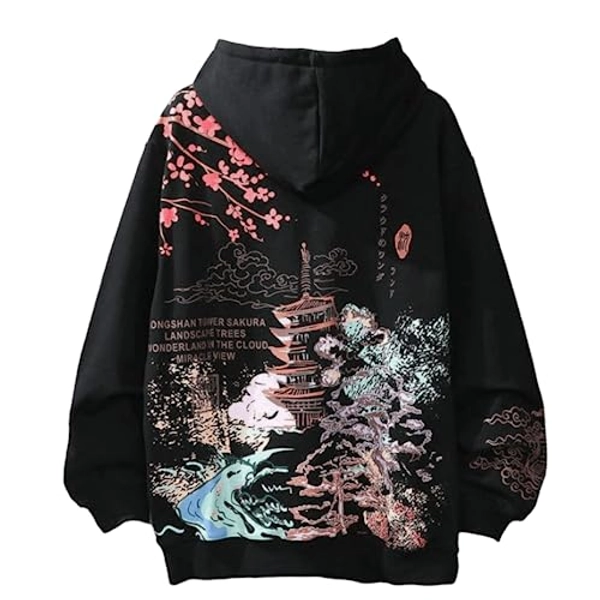 Women Men Aesthetic Japanese Sakura Hoodie, Y2K Anime Harajuku Cloth Korean Hooded Long Sleeve Sweatshirt for Winter Fall - 3X-Large - Black