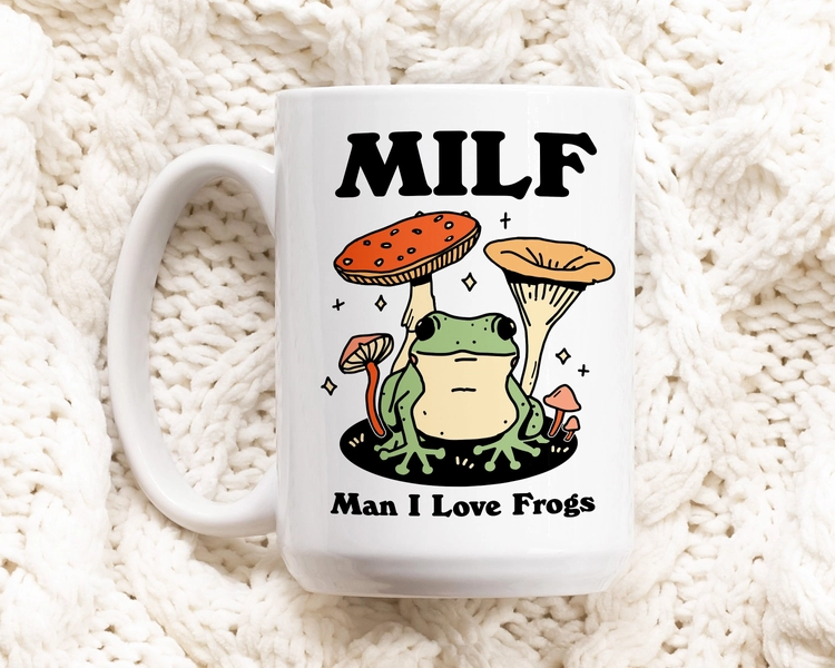 Frog Coffee Mug, Man I love Frogs MILF Ceramic Cup, Frog Lover Gift, Girlfriend Wife Gift Idea, Cottagecore Mushroom Mug, Funny Novelty Gift
