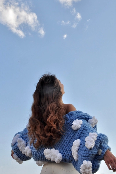 Heyays | Cloud Knit Cardigan | Chunky Knitwear | Handmadel Oversized Cardigan | 3D Fluffy Clouds | Balloon Sleeves | Cottagecore