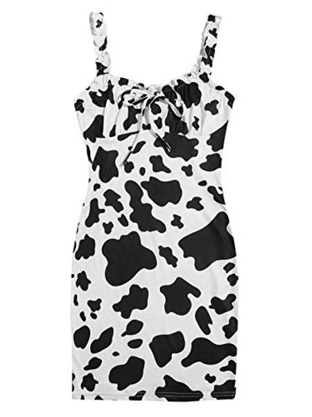 MakeMeChic Women's Cow Print Wrap Ruched Bodycon Pencil Short Cami Dress