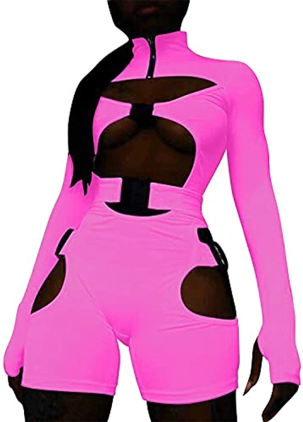 LouVasabuce Sexy Cut Out Bodycon Romper for Women Bag Buckle High Neck Long Sleeve Biker Shorts Jumpsuit Party Clubwear