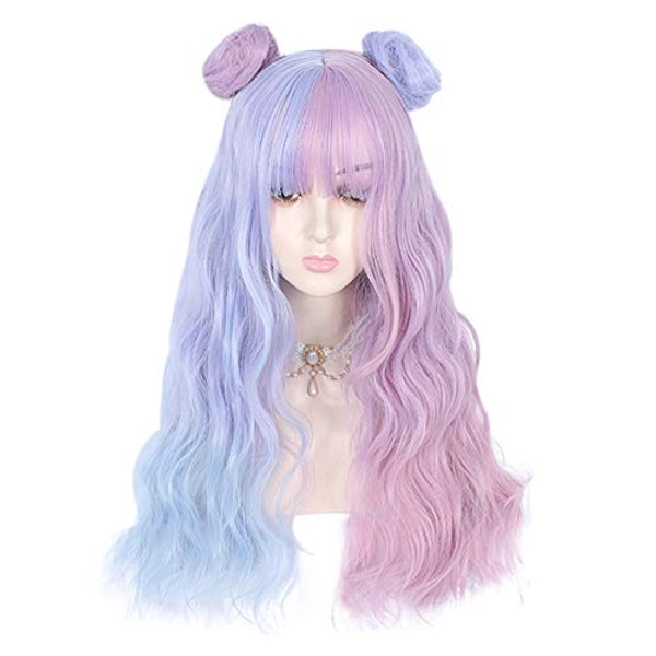 26" Long Curly Wavy Harajuku Lolita Heat Resistant Synthetic Cute Cosplay Costume Hair Daily Halloween Party (Blue&Pink)