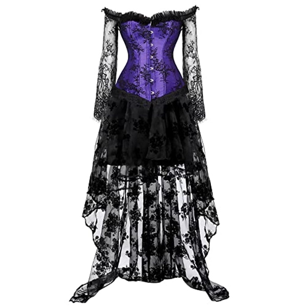 Grebrafan Gothic Off Shoulder Lace Sleeves Corset Bustier with Prom Skirt